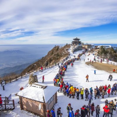DEOGYUSAN,KOREA - JANUARY 1: Tourists taking photos of the beautiful scenery and skiing around Deogyusan,South Korea on January 1, 2016.